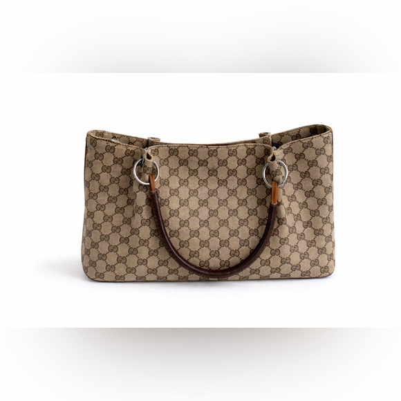 Gucci Handbags - Gucci GG Canvas Tote Bag Brown Beige Leather Handles Classic Authentic